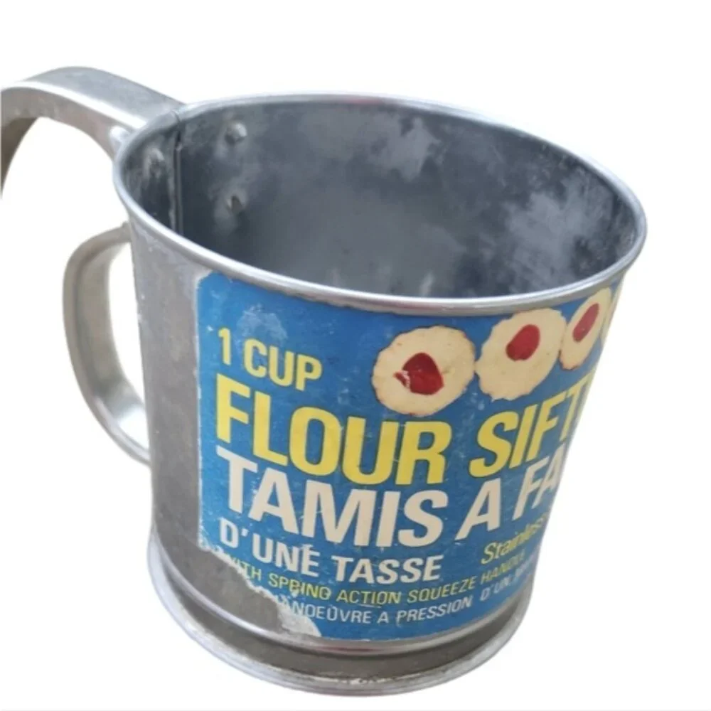 Vintage Flour Sifter with Blue Label Farmhouse Decor Working Antique
